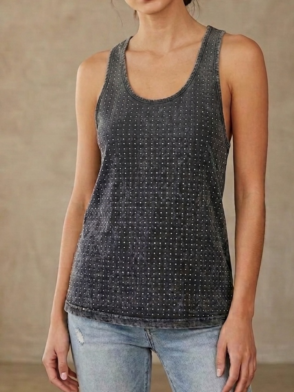 Vocal Charcoal Mineral Wash Studded Scoop Neck Racer Back Tank Top